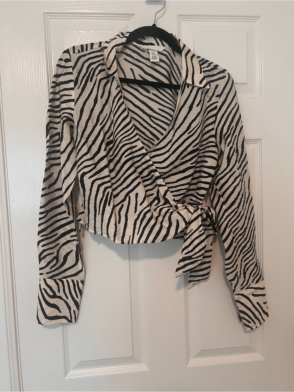 H&M Black and Cream Zebra-Print Wrap Blouse